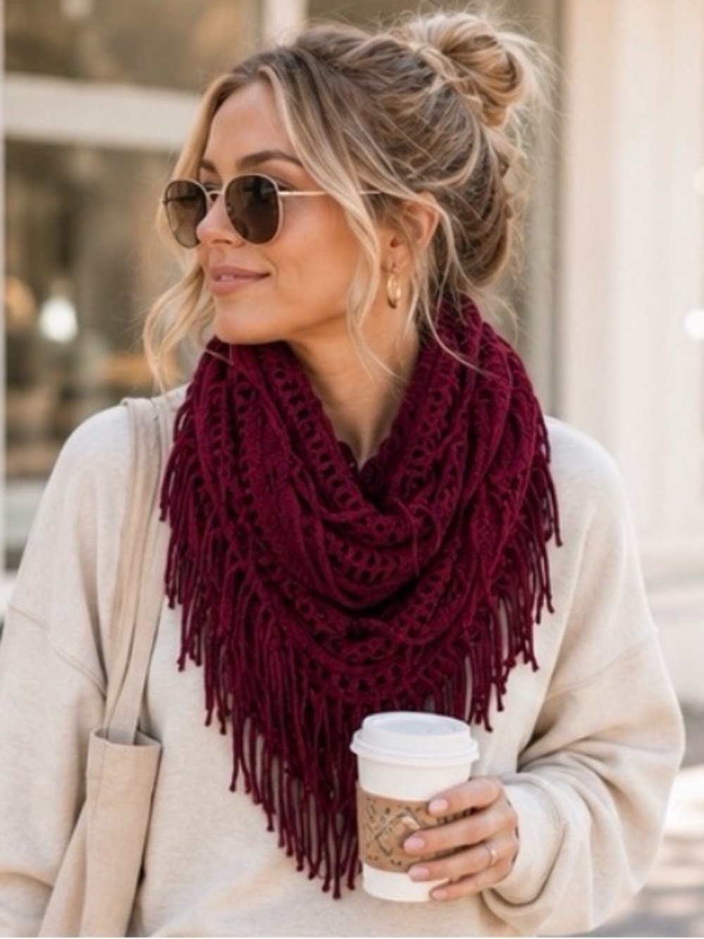 Boho Fringe Knit Infinity Scarf | Burgundy | One Size